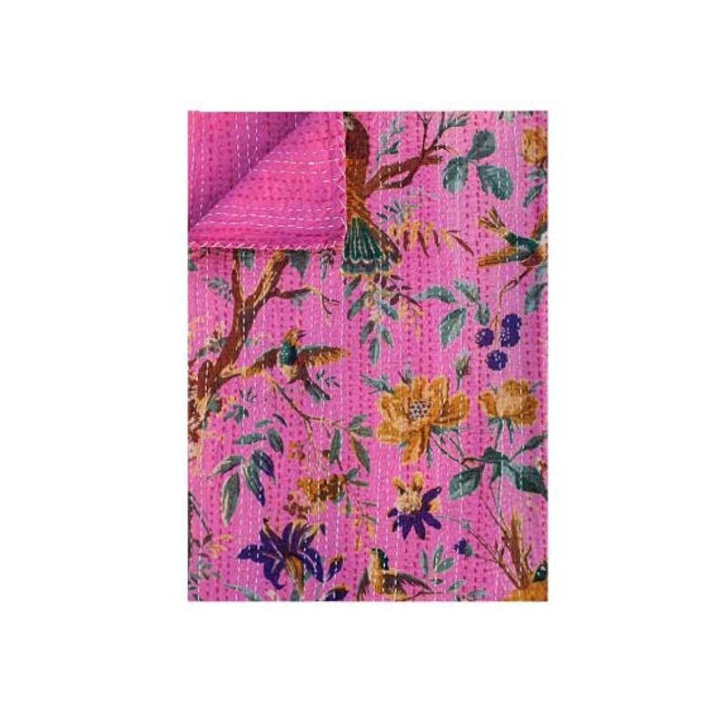 PINK BIRD of Pradise handmade Bird Print Kantha Quilt Kantha Throw Kantha Bedspread Kantha Bedding /& Bedcover