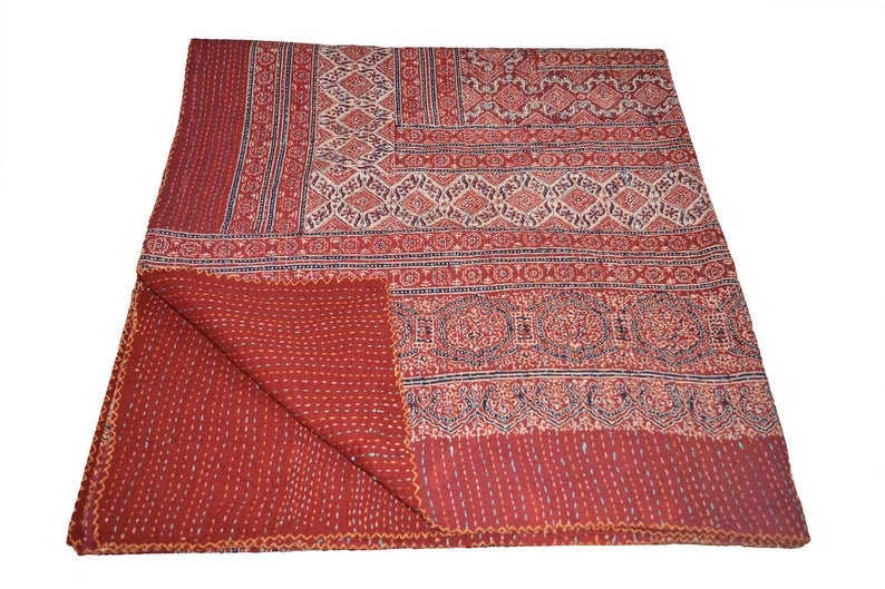 Vintage Indian Kantha Quilt Handmade Ajrakh hand block print 100/% Cotton Bed cover Bedspread Blanket Queen size Twin size King size