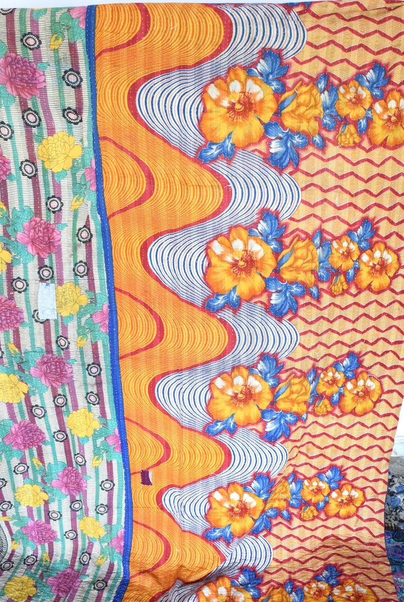 Beautiful Yellow Flower Vintage Kantha Vintage Kantha Thrown Vintage Kantha Blanket Reversible Kantha Quilt Vintage Handmade Kantha Quilt