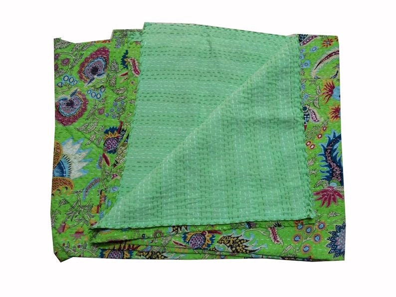 parrot green CROWN kantha quilt Handmade INDIAN Hand-Stitched Patchwork Vintage Kantha Quilt HandStitched Queen Kantha Throw Cotton Blanket