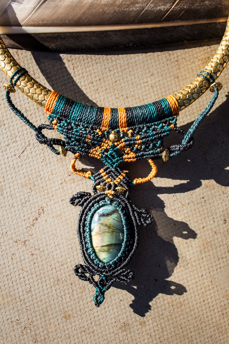 Statement Hobo Macrame Choker With Amazing Labradorite Gemstone Indian Brass HoopBeaded Hippie Tribal Wowen NecklaceOne Size Boho Jewelry