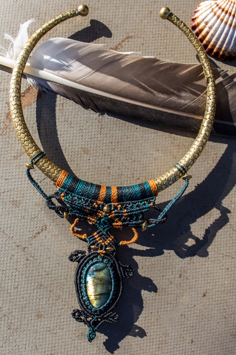 Statement Hobo Macrame Choker With Amazing Labradorite Gemstone Indian Brass HoopBeaded Hippie Tribal Wowen NecklaceOne Size Boho Jewelry