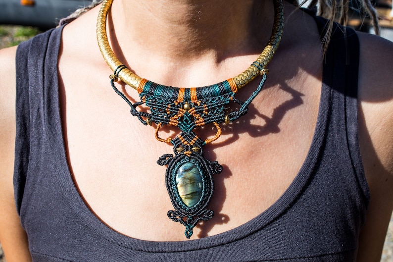 Statement Hobo Macrame Choker With Amazing Labradorite Gemstone Indian Brass HoopBeaded Hippie Tribal Wowen NecklaceOne Size Boho Jewelry