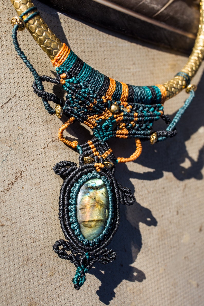 Statement Hobo Macrame Choker With Amazing Labradorite Gemstone Indian Brass HoopBeaded Hippie Tribal Wowen NecklaceOne Size Boho Jewelry