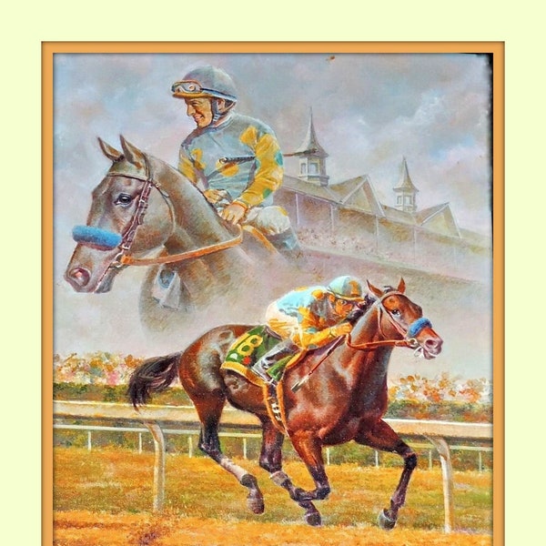 American Pharoah with Victor Espinoza Artist Fred Stone 11x14 Double Matted 8x10 Art Print Hard to find Race Horse art