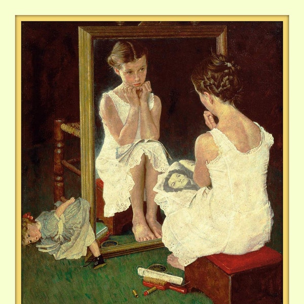 Norman Rockwell Girl in the Mirror Double Matted Print 11x14 overall with 8x10 print Coming of Age