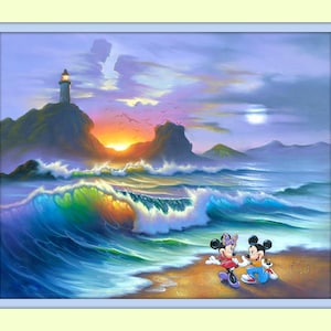 Mickey Mouse Minnie Mouse in love on the beach with lighthouse lovers in the sky 11x14 Matted 8x10 fine Art Print Walt Disney
