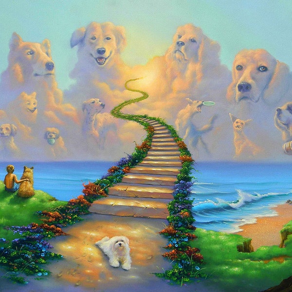 Rainbow Bridge All Dogs Go to Heaven Maltese Collie St Bernard 8x10 or 16x20  Art Print Pet and Poem Sympathy Memorial Stairway to Heaven