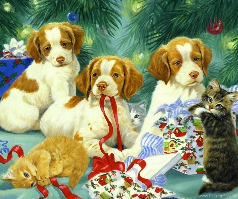 Christmas Blanket Puppies and Kittens Under the Christmas Tree Etsy