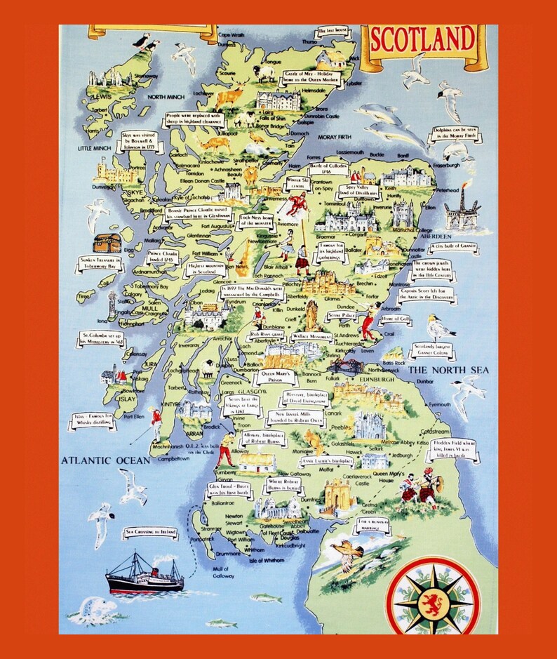 Blanket Scotland Map Illustrated Plush Fleece 50x60 Highlands Edinburgh