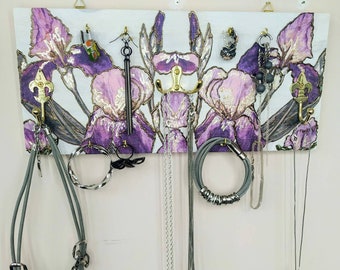 Purple Iris Jewelry holder for wall organizer Necklace wall hooks Jewellery rack Trinket storage Iris flower lovers Christmas gifts for her