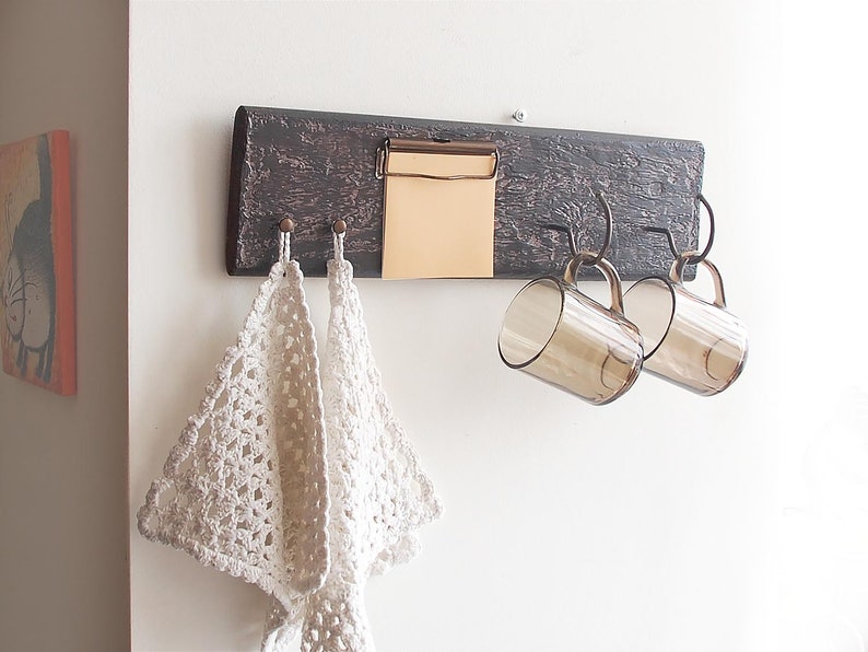 Wood Kitchen Rack Wall Organizer Mug Hanger Wooden Clipboard Rustic