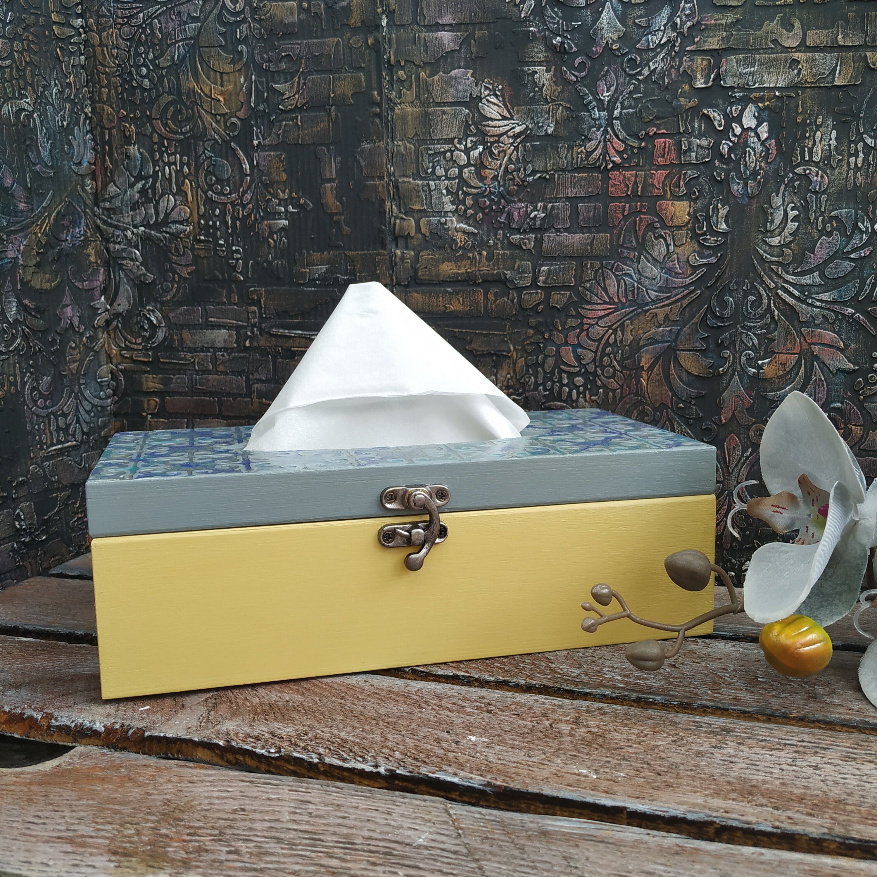 Rectangular napkin holder Tissue box cover Yellow Gray napkins Etsy