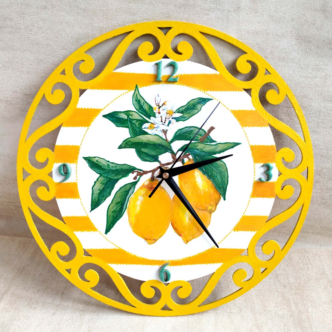 Yellow Wall Clock With Lemons for Kitchen Country Clock for Wall Decor