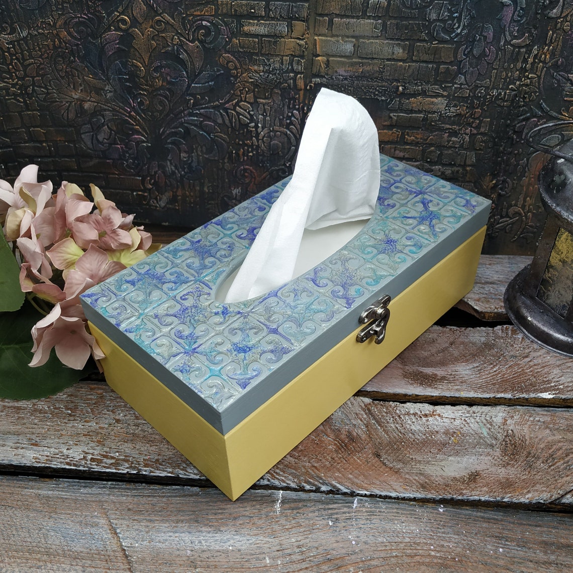 Rectangular napkin holder Tissue box cover Yellow Gray napkins Etsy