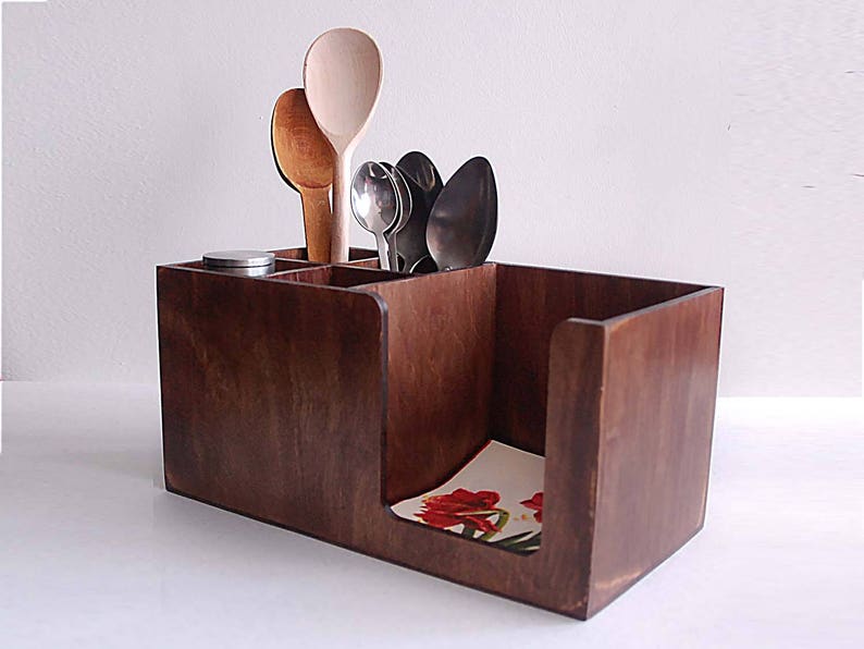 Wood Table Caddy Rustic Kitchen Organizer Table Centerpiece Etsy