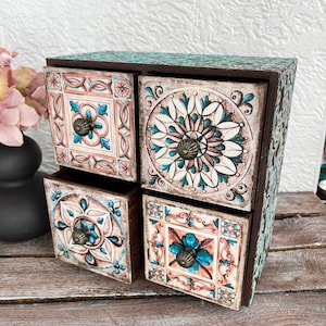 Boho chest of drawers Wooden dresser for jewelry Bohemian style Mini dresser Makeup organizer drawers