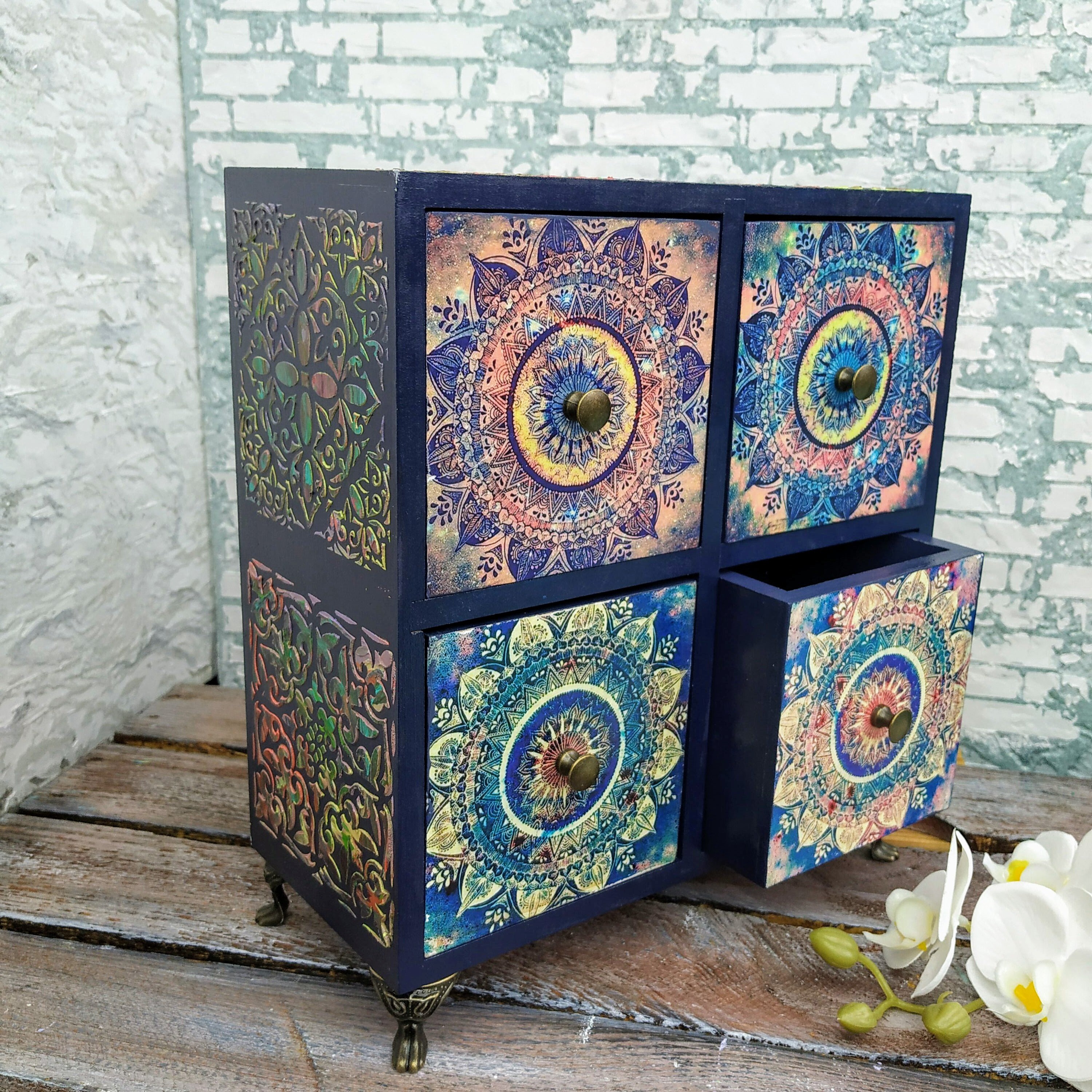 Wood chest of drawers Bohemian style Mini dresser Makeup Etsy