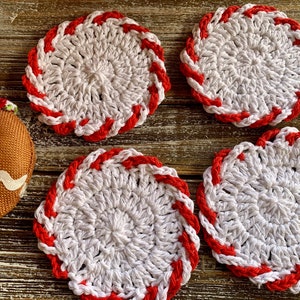 Crochet Christmas Candy Cane Coasters, Cotton Candy Cane Coasters Crochet Gift, Handmade Candy Cane Crochet Coasters Coasters Christmas Gift