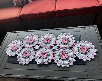 Handmade Crochet Flower Table Runner: 3D Floral Acrylic Yarn