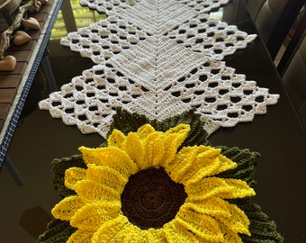 Crochet Sunflower Table Runner: Handmade Diamond Design