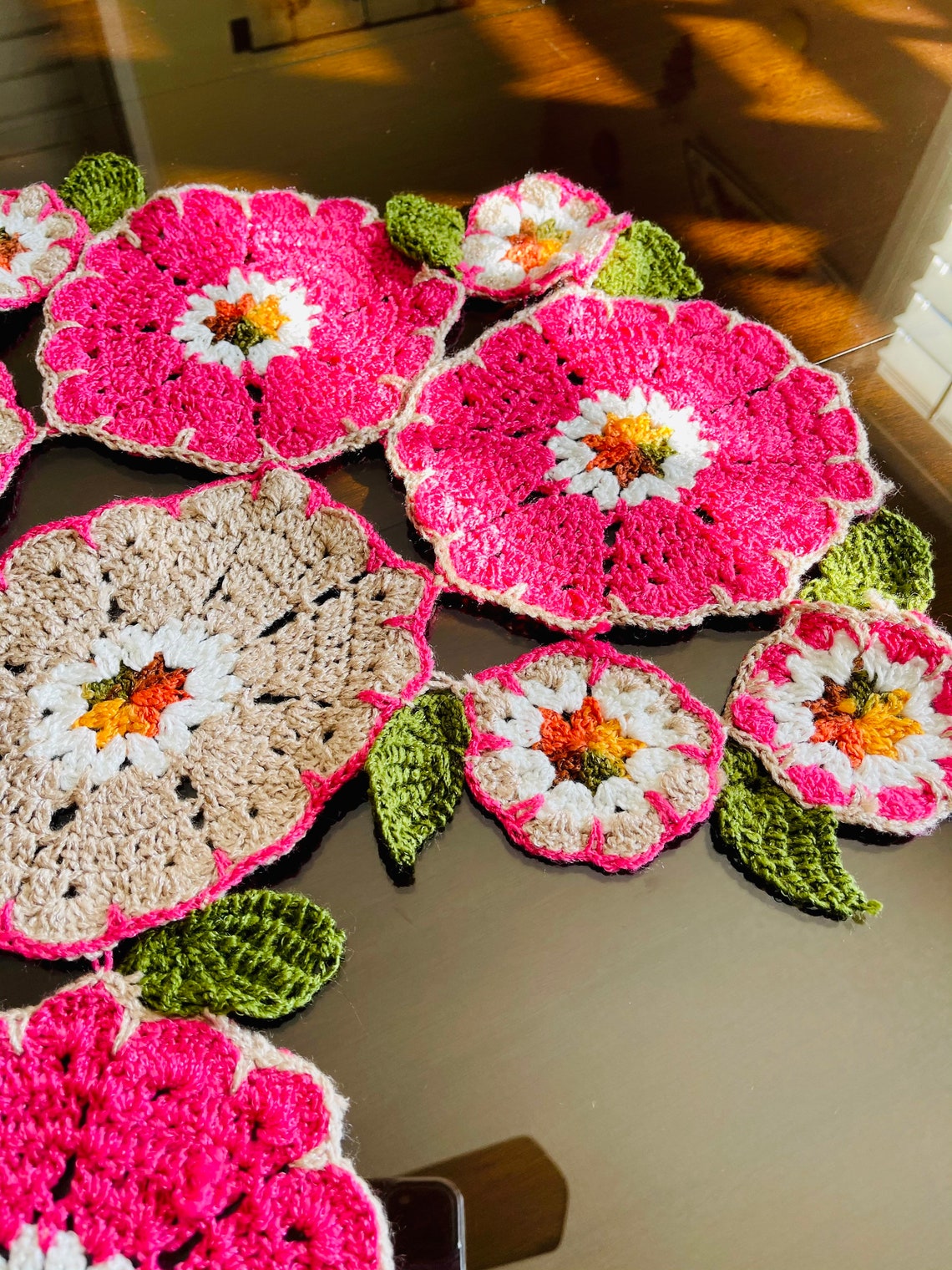 Crochet Table Runner Flowers and Leaves Handmade Crochet Etsy