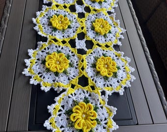 Handmade Crochet Flower Table Runner: 3D Floral Acrylic Yarn