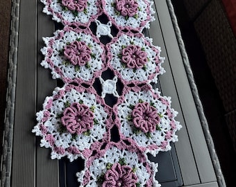 Handmade Crochet Flower Table Runner: 3D Floral Acrylic Yarn
