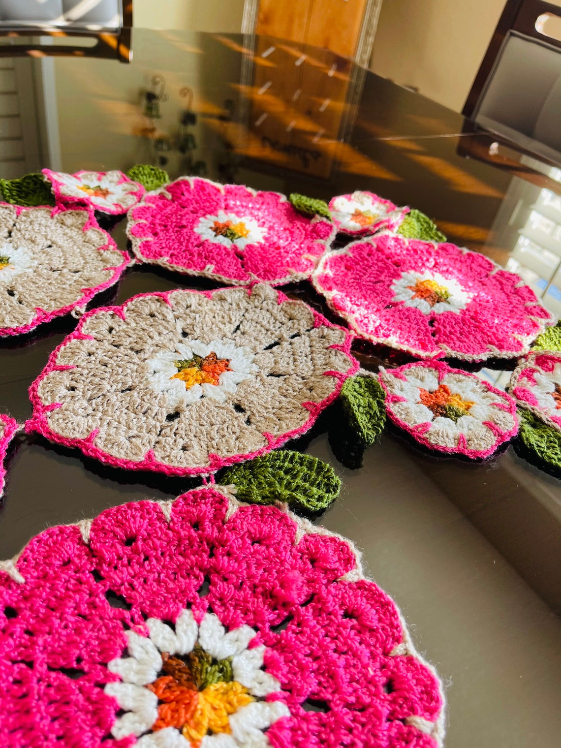 Crochet Table Runner Flowers and Leaves Handmade Crochet Etsy