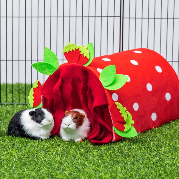 Guinea Pig Hideout Soft Fleece Tunnel House for Rat Hamster Hedgehog Chinchilla Samll Animals - Cute Strawberry Bedding Cage Accessories