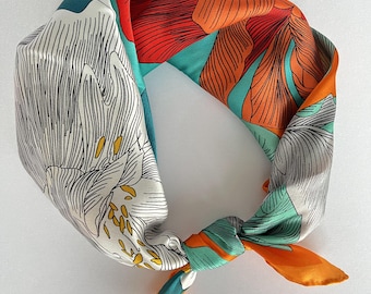 100% Mulberry Silk Scarf 21&quot;x21&quot;for Women, Four-color Flower Orange Border Digital Printed Square Scarf for Hair Wrap, Small Bandana