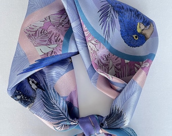100% Mulberry Silk Scarf 21&quot;x21&quot;for Women, Violet Bird Designer Digital Printed Square Scarf for Hair Wrap, Small Bandana