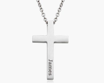 Custom Father's Day Gift, Personalized Stainless Steel Cross Pendant Necklace For Men, Baptism Gift, Christian Jewelry, Boyfriend Gift, Dad