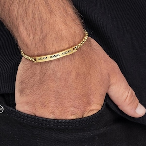Pulsera de barra de oro grabada para hombres, pulsera con nombre personalizado para hombres, pulsera con iniciales, pulsera con fecha, regalo para el día del padre y el día de San Valentín