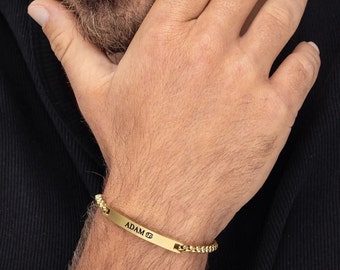 Bracele de nombre personalizado para hombres, pulsera de barra de oro grabada para hombres, pulsera inicial, pulsera de fecha, personalizar joyas para hombres, regalo de novio