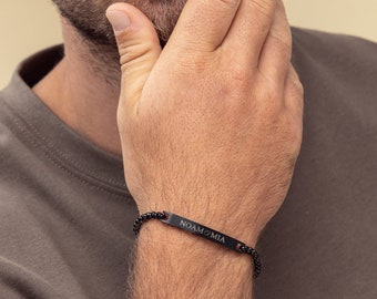 Engraved Black Name Bracelet For Men, Bar Bracelet, Initial Bracelet, Date Bracelet, Custom Men&#39;s Jewelry, Boyfriend Gift, Husband Gift, Dad
