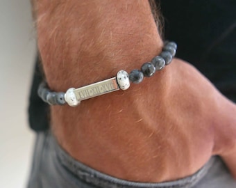 Custom Engraved Gemstone Beaded Bracelet For Men, Ruman Numeral Bracelet, Men's Name Bracelet, Date Bracelet, Engraved Jewelry For Men