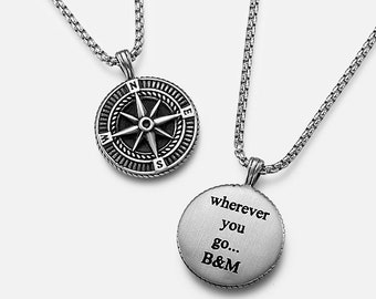 Customized Men's Compass Necklace, Engraved Husband Gift, Personalized Necklace for Men, Gift For Boyfriend, Gift For Dad, Anniversary Gift