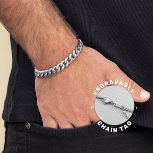 Pulsera con etiqueta grabada, pulsera de cadena de acero inoxidable personalizada para hombre, pulsera de plata personalizada para hombre, joyería grabada para hombre
