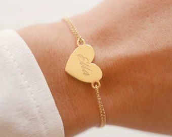 Custom Gold Heart Bracelet, Personalized Friendship Bracelet, Best Friend Bracelet, Heart Jewelry, Gift for Girlfriend Wife Mom Anniversary