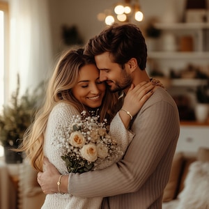 May include: A couple embraces, the woman holding a bouquet of cream-colored roses and baby's breath. Both wear gold bracelets. The woman wears a cream-colored sweater, and the man wears a gray sweater. Soft lighting creates a warm, intimate atmosphere.
