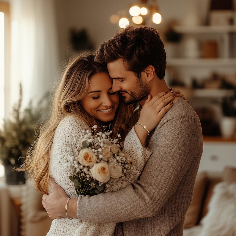 May include: A couple embraces, the woman holding a bouquet of cream-colored roses and baby's breath. Both wear gold bracelets. The woman wears a cream-colored sweater, and the man wears a gray sweater. Soft lighting creates a warm, intimate atmosphere.