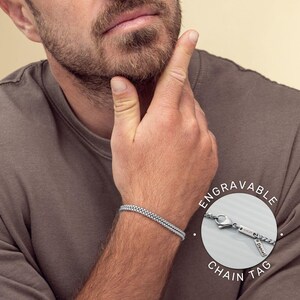 Pulseira com etiqueta de gravação, pulseira personalizada para homens, pulseira de prata masculina, joias masculinas gravadas, presente de dia dos namorados para ele namorado