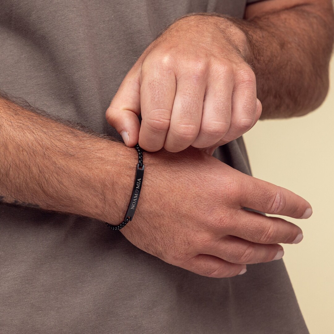 Personalize Men's Black Bracelet, Bar Bracelet, Men's Name Bracelet