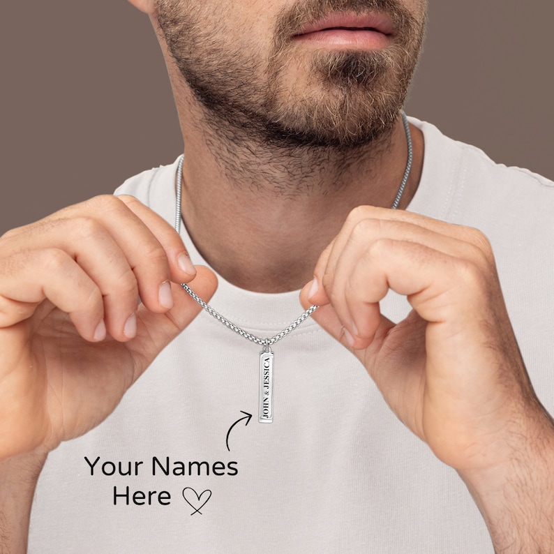 Personalized Men's Bar Necklace, Engraved Bar Pendant For Men, Custom Men's Jewelry, Name Necklace, Gift For Boyfriend Husband Fathers Day image 5