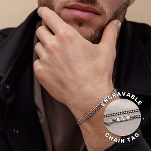 Pulsera de cadena de acero inoxidable impermeable personalizada para hombre, pulsera de plata personalizada para hombre, joyería grabada para hombre, regalo para su novio.