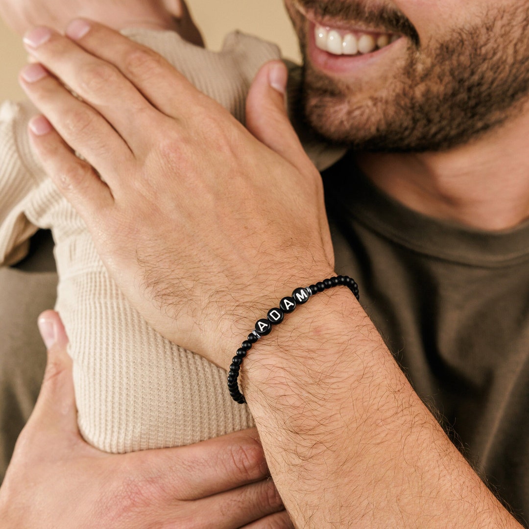Personalize Beaded Bracelet for Dad, Black Onyx Beaded Letter Bracelet ...