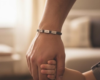 Daddy Bracelet, Custom Grey Dad Bracelet With Kids Name, Men's Vegan Bracelet, Husband Gift, Gift for Father's Day and Valentine's Day