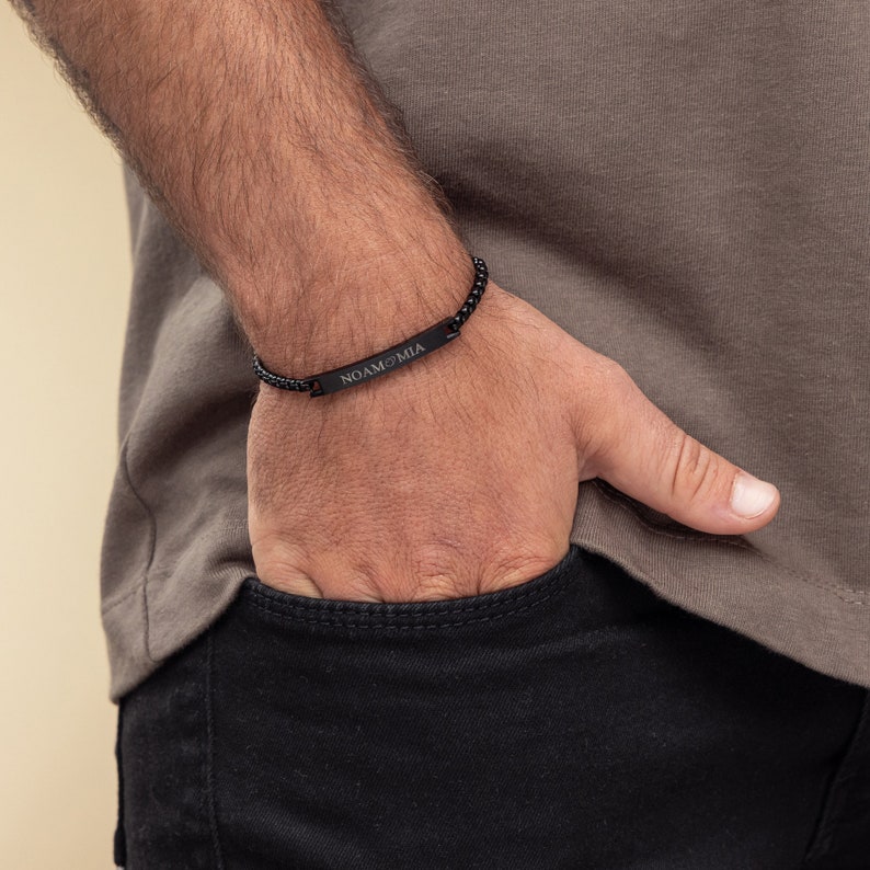 Personalize Silver Bar Bracelet For Men, Engraved Initial Bracelet, Custom Men's Name Bracelets, Gifts For Husband Boyfriend Dad Anniversary image 3