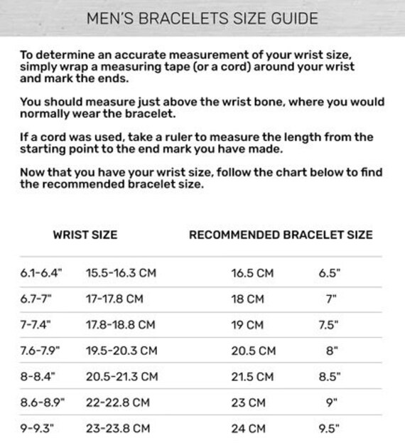 Mens bracelet sizes chart sale